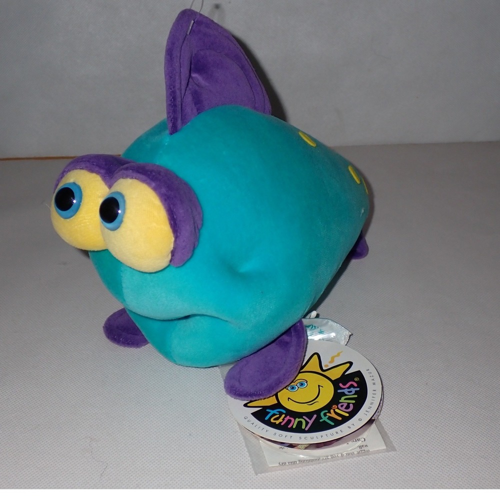Funny Friends Teal Purple Fish Plush Soft Sculpture by Jennifer Mazur New